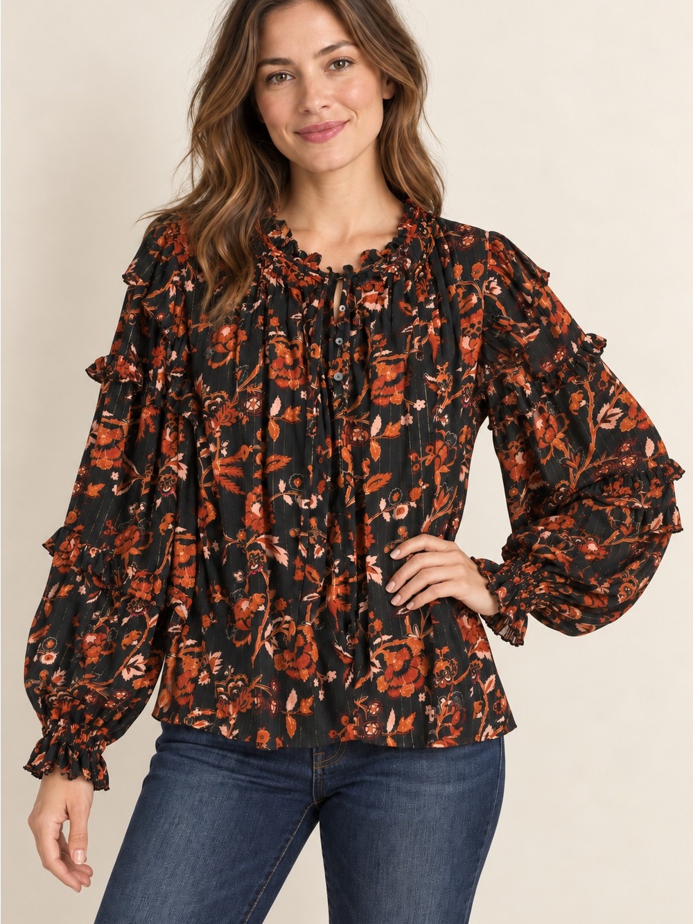 Jennifer & Grace Floral Ruffle Balloon Sleeve Blouse Black Rust Gold Boho